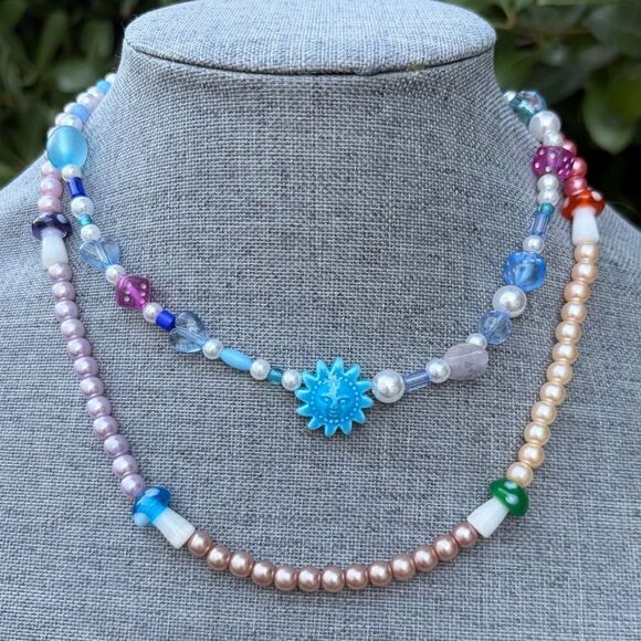 Urban Outfitters Jewelry - Two (2) Urban Outfitters OU Layering Blue Mushroom Sundial Beaded Necklaces NWT